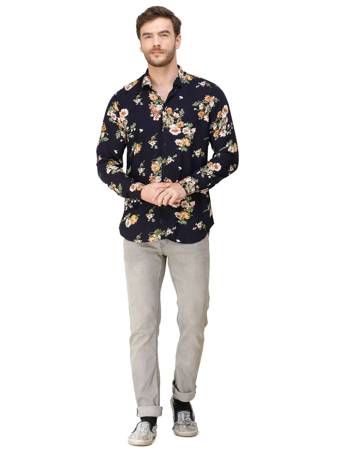 navy blue floral print casual shirt - 16970018 - Standard Image - 3