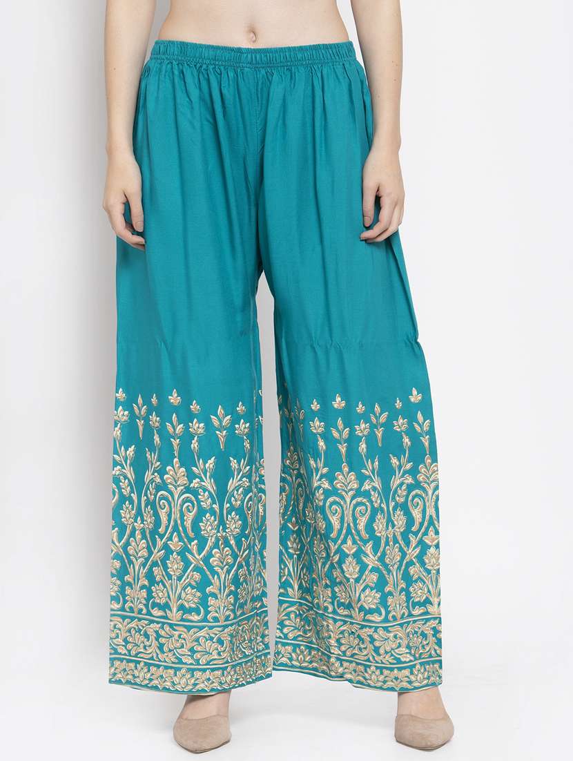 green printed straight palazzo 