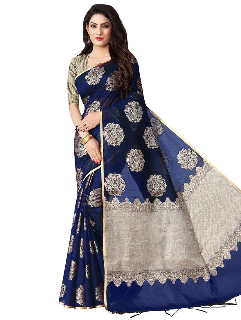 indigo chanderi banarasi saree with blouse - 16972400 -  Zoom Image - 0