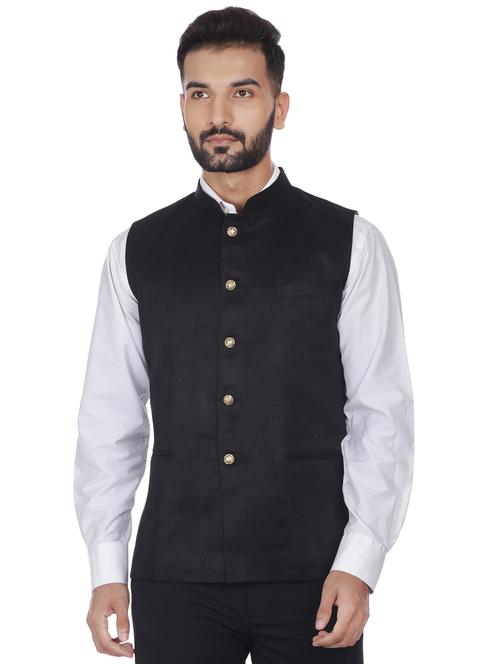 black solid velvet nehru jacket - 16973787 - Standard Image - 0