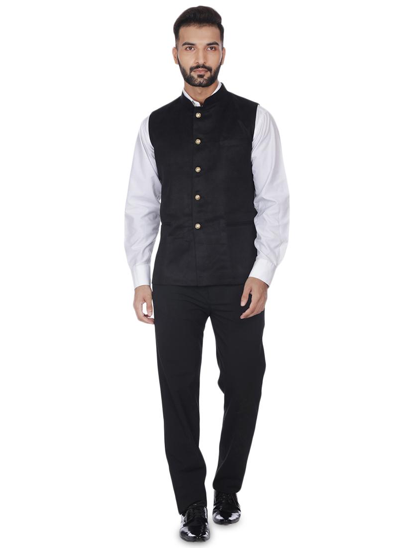black solid velvet nehru jacket - 16973787 - Standard Image - 3