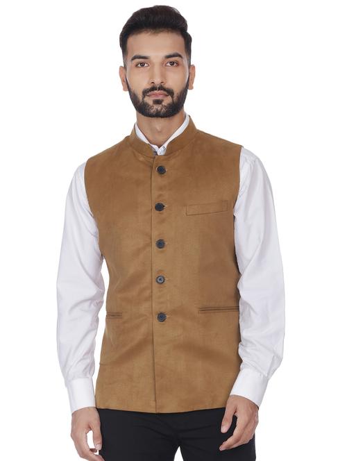 brown solid velvet nehru jacket - 16973788 -  Standard Image - 0