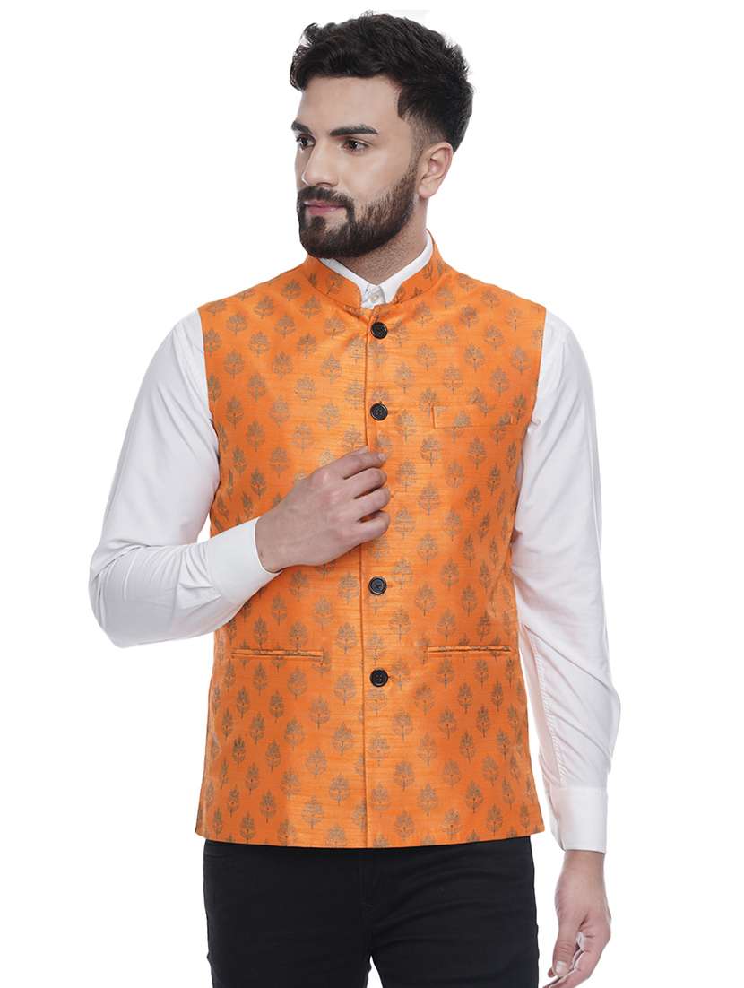 orange printed silk nehru jacket