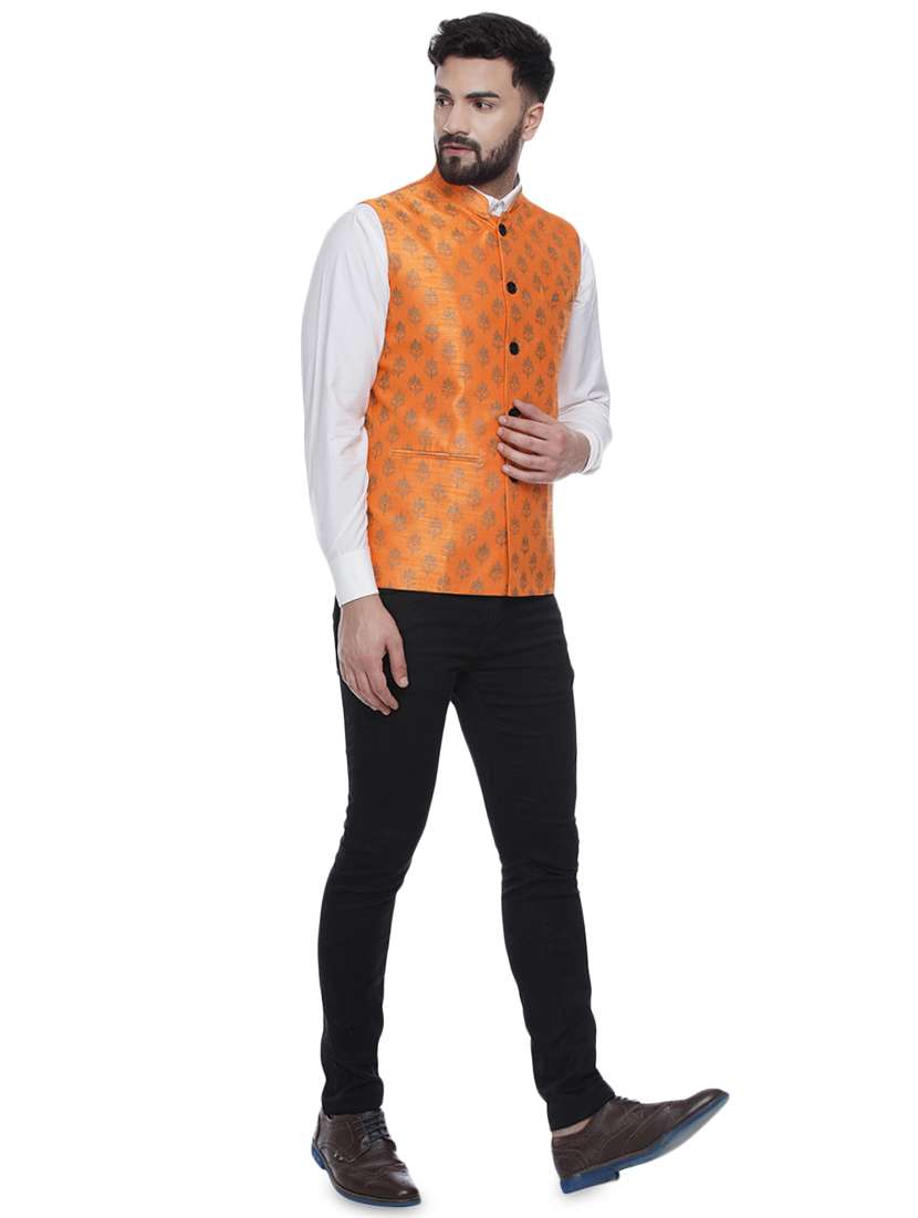 orange printed silk nehru jacket - 16973789 -  Standard Image - 3