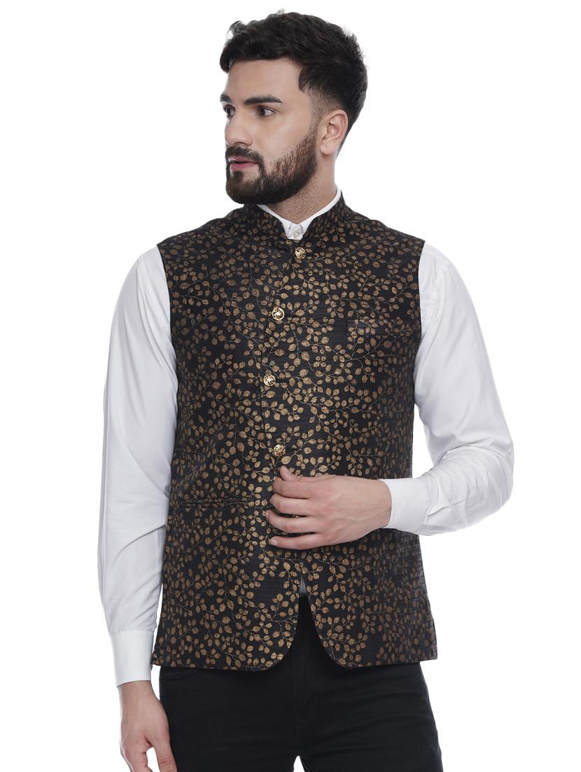 black printed silk nehru jacket - 16973790 - Zoom Image - 0