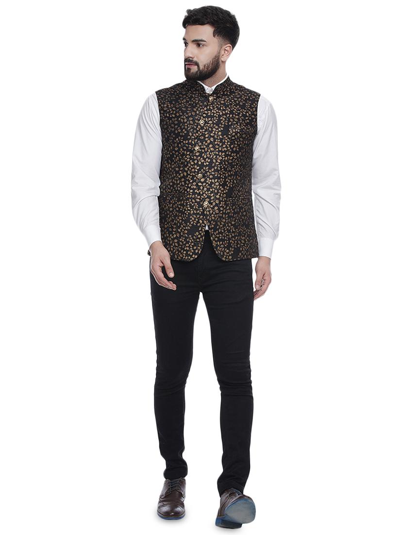 black printed silk nehru jacket - 16973790 - Standard Image - 3