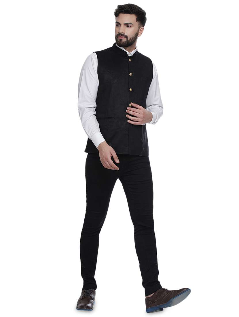 black solid velvet nehru jacket - 16973800 -  Standard Image - 3