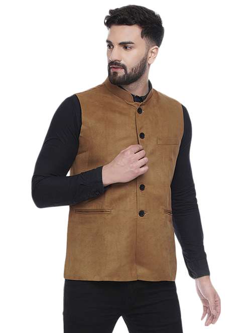 brown solid velvet nehru jacket - 16973801 -  Standard Image - 0