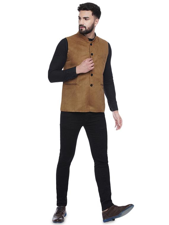 brown solid velvet nehru jacket - 16973801 - Standard Image - 3