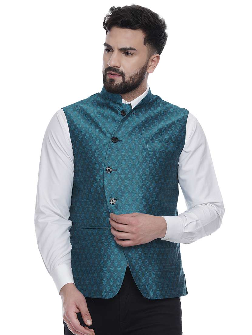 green jacquard silk blend nehru jacket