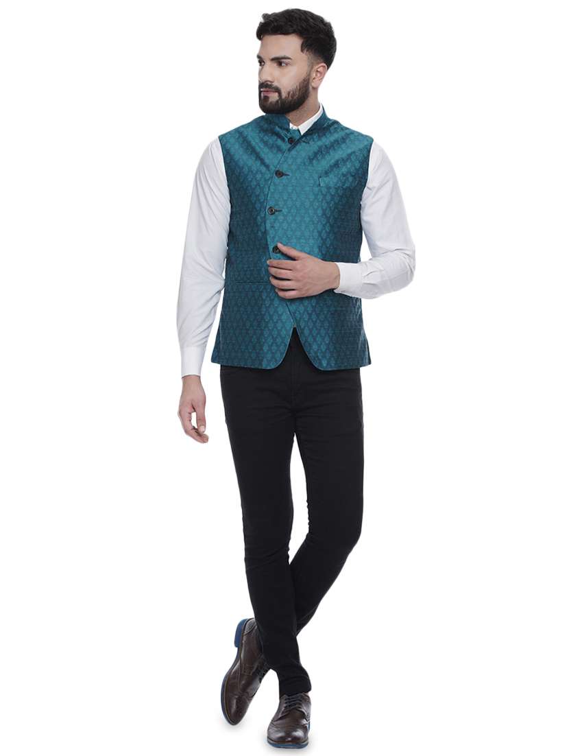 green jacquard silk blend nehru jacket - 16973805 -  Standard Image - 3