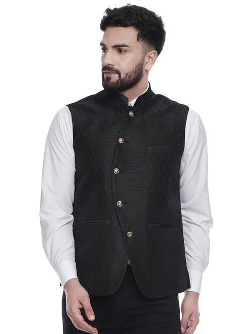 black jacquard silk blend nehru jacket - 16973807 - Standard Image - 0
