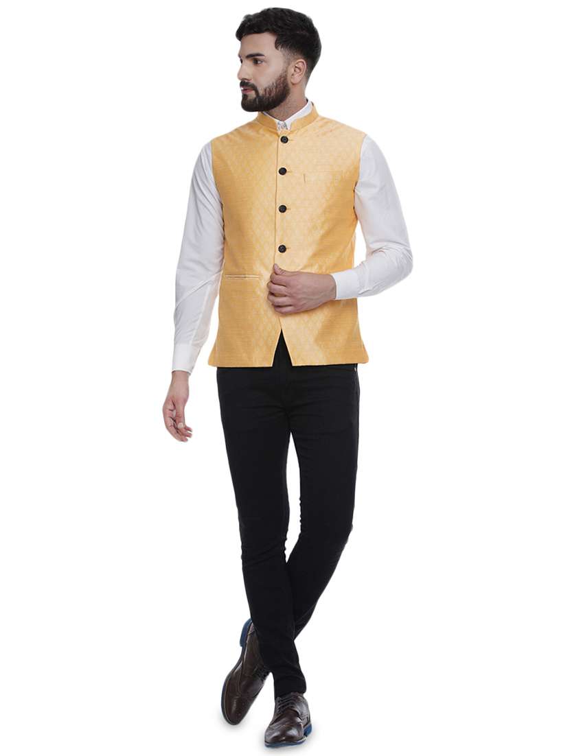 yellow jacquard silk blend nehru jacket - 16973809 -  Standard Image - 3