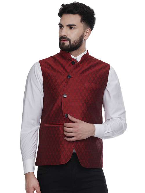 red jacquard silk blend nehru jacket - 16973811 -  Standard Image - 0