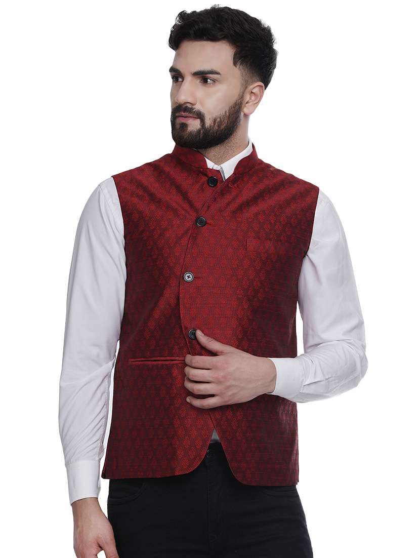 red jacquard silk blend nehru jacket - 16973811 -  Zoom Image - 0