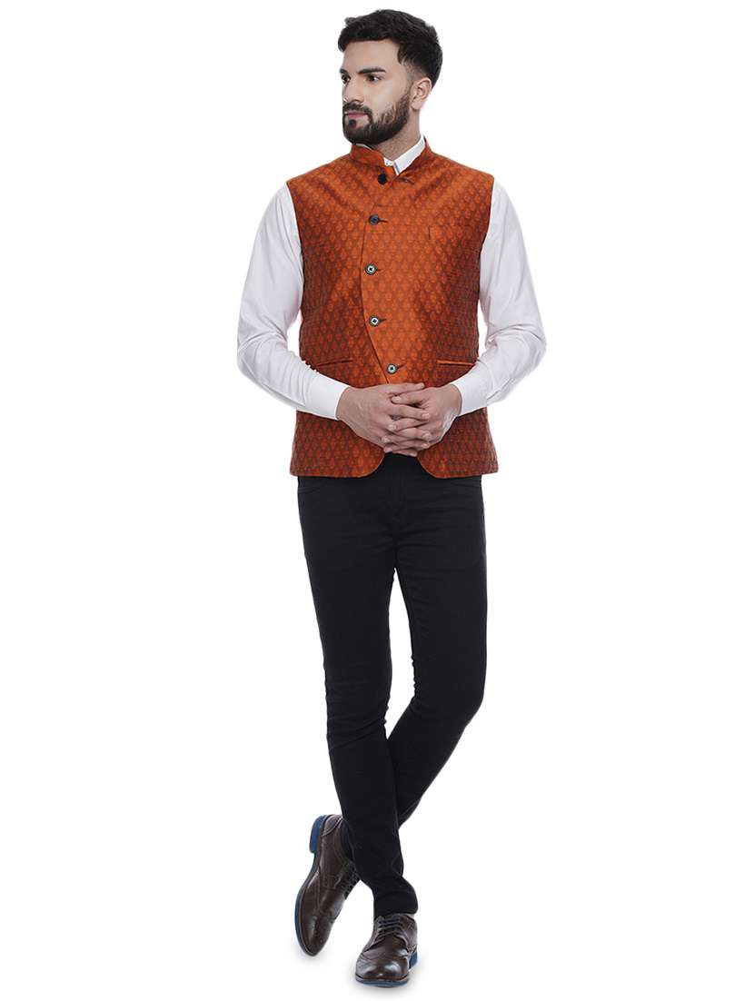 orange jacquard silk blend nehru jacket - 16973815 -  Standard Image - 3