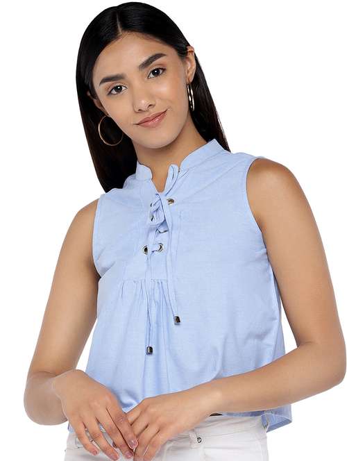 women's crop mandarin neck top - 16979015 -  Standard Image - 0