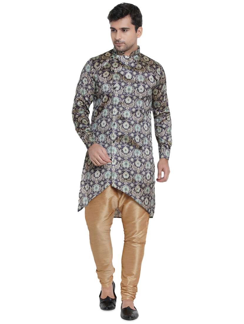 blue printed silk blend asymmetric kurta - 16979462 -  Standard Image - 3