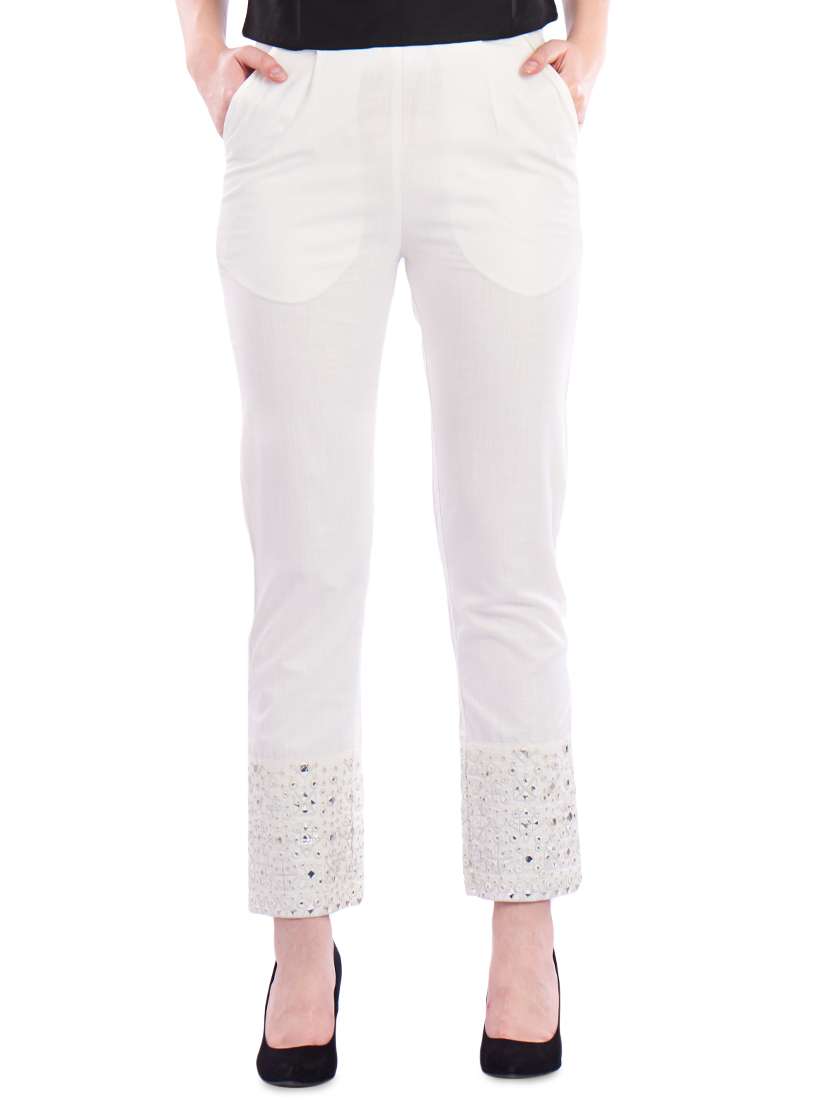 embroidered hem flat front trousers - 16980331 - Zoom Image - 0