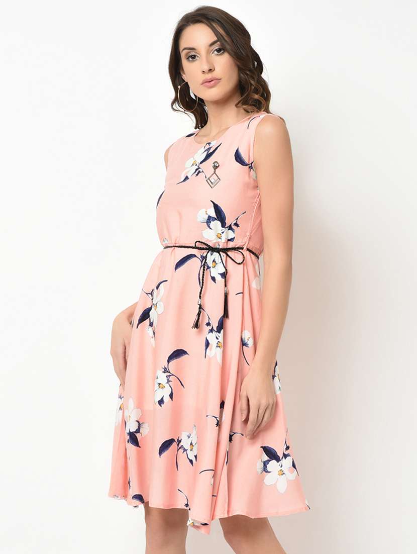 round neck floral belted dress 