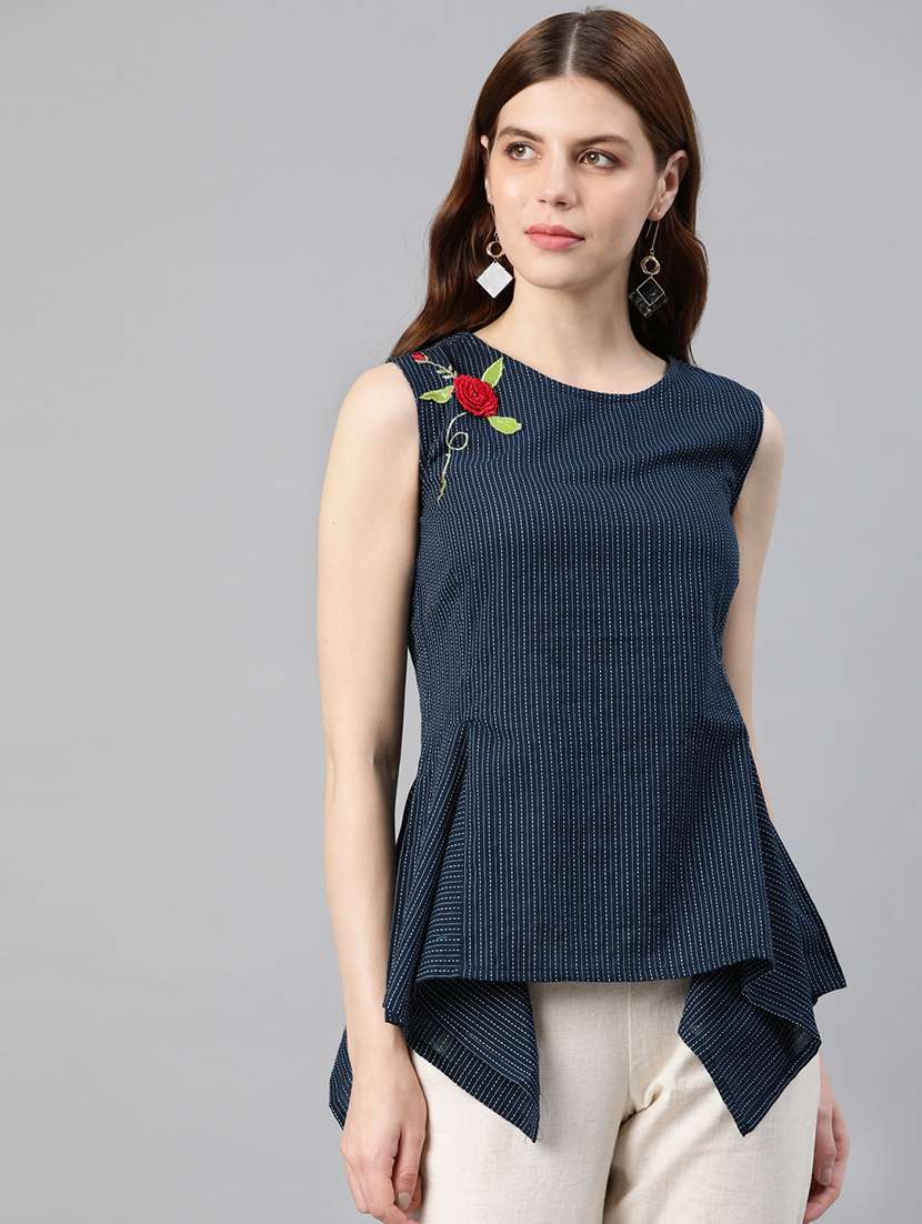 rose embroidered patch asymmetric top
