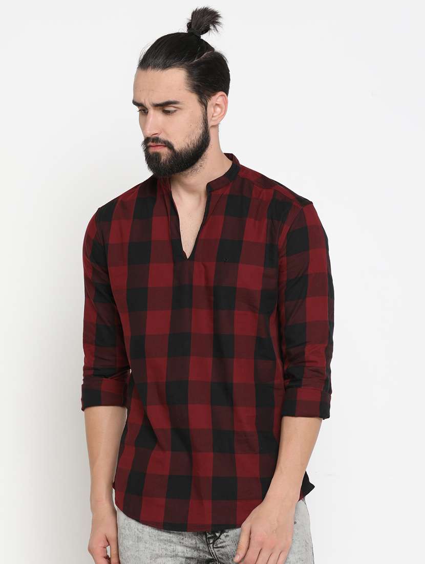 red checkered short kurta - 16987973 -  Zoom Image - 0