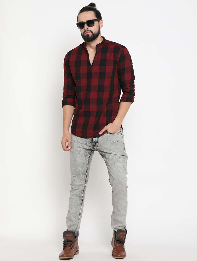 red checkered short kurta - 16987973 - Standard Image - 3
