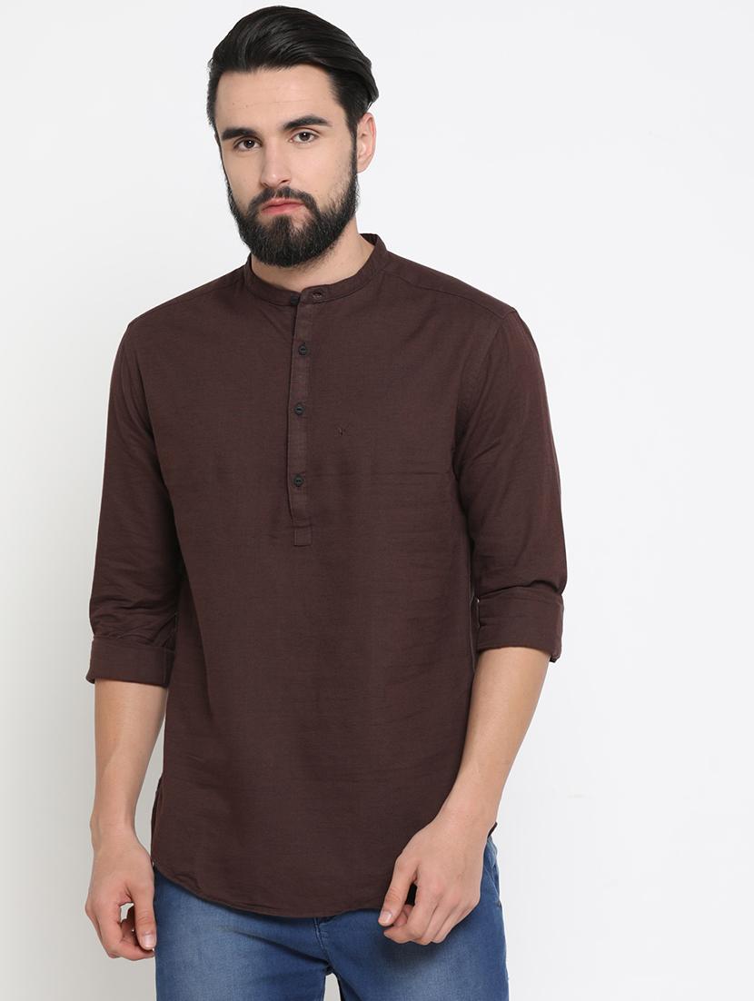 brown solid linen short kurta - 16987974 -  Zoom Image - 0