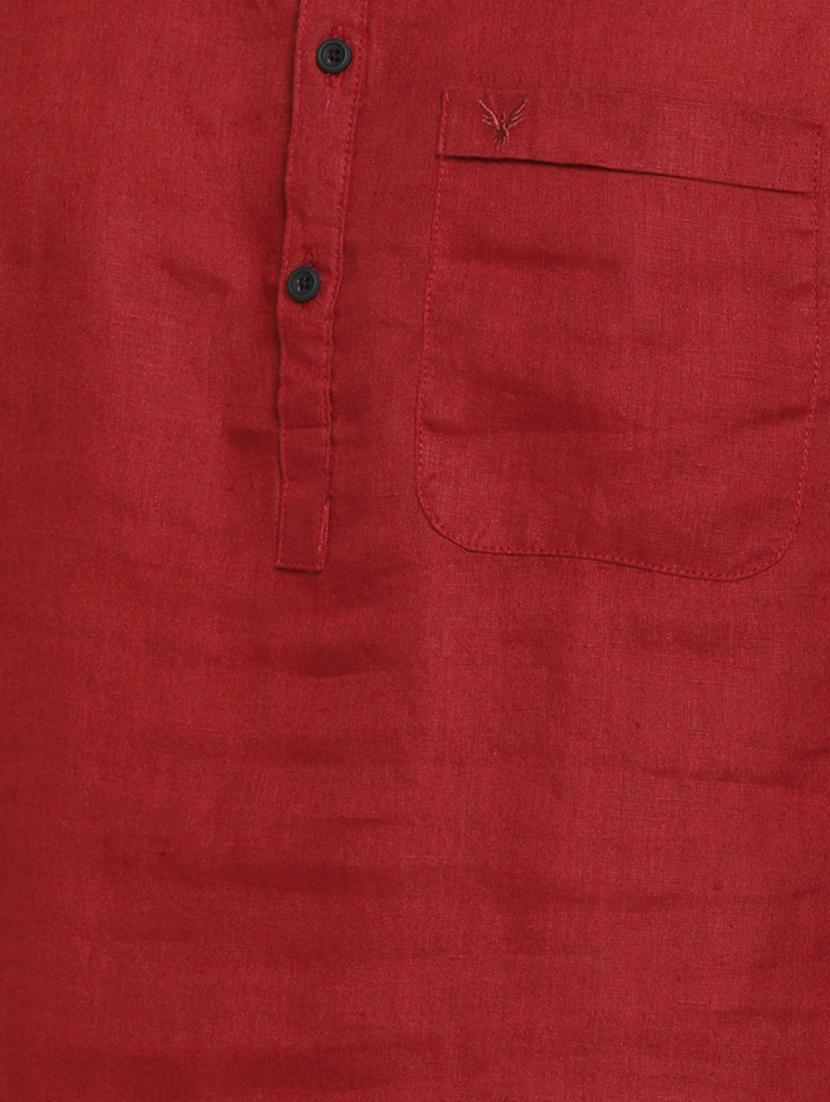 red solid linen short kurta - 16987976 - Standard Image - 3