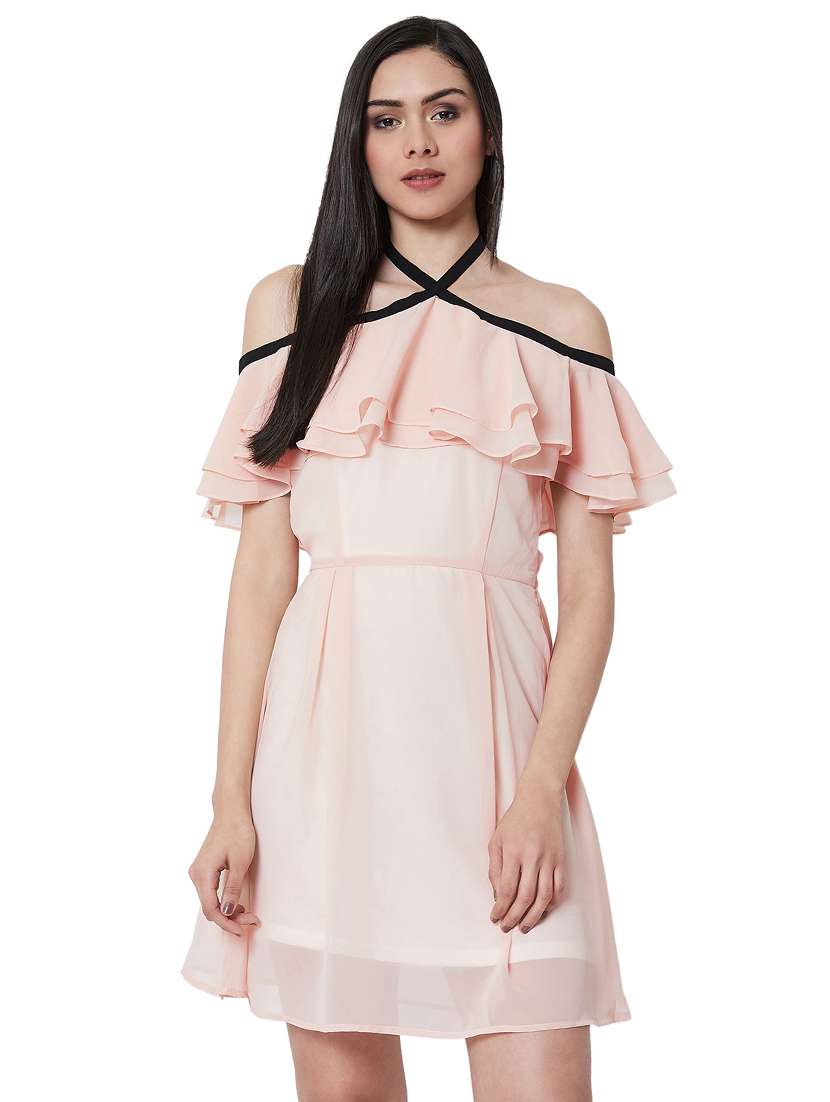 halter neck ruffle detail flared dress 