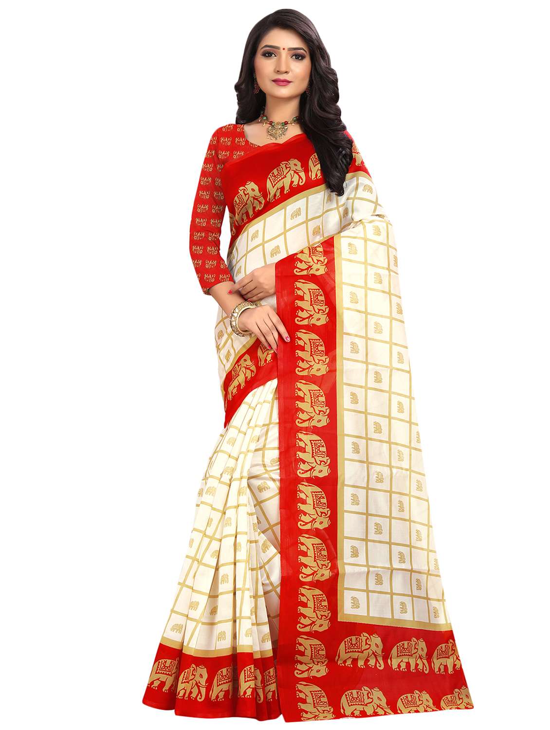 women's checks cream colored saree with blouse - 16994226 - Zoom Image - 0