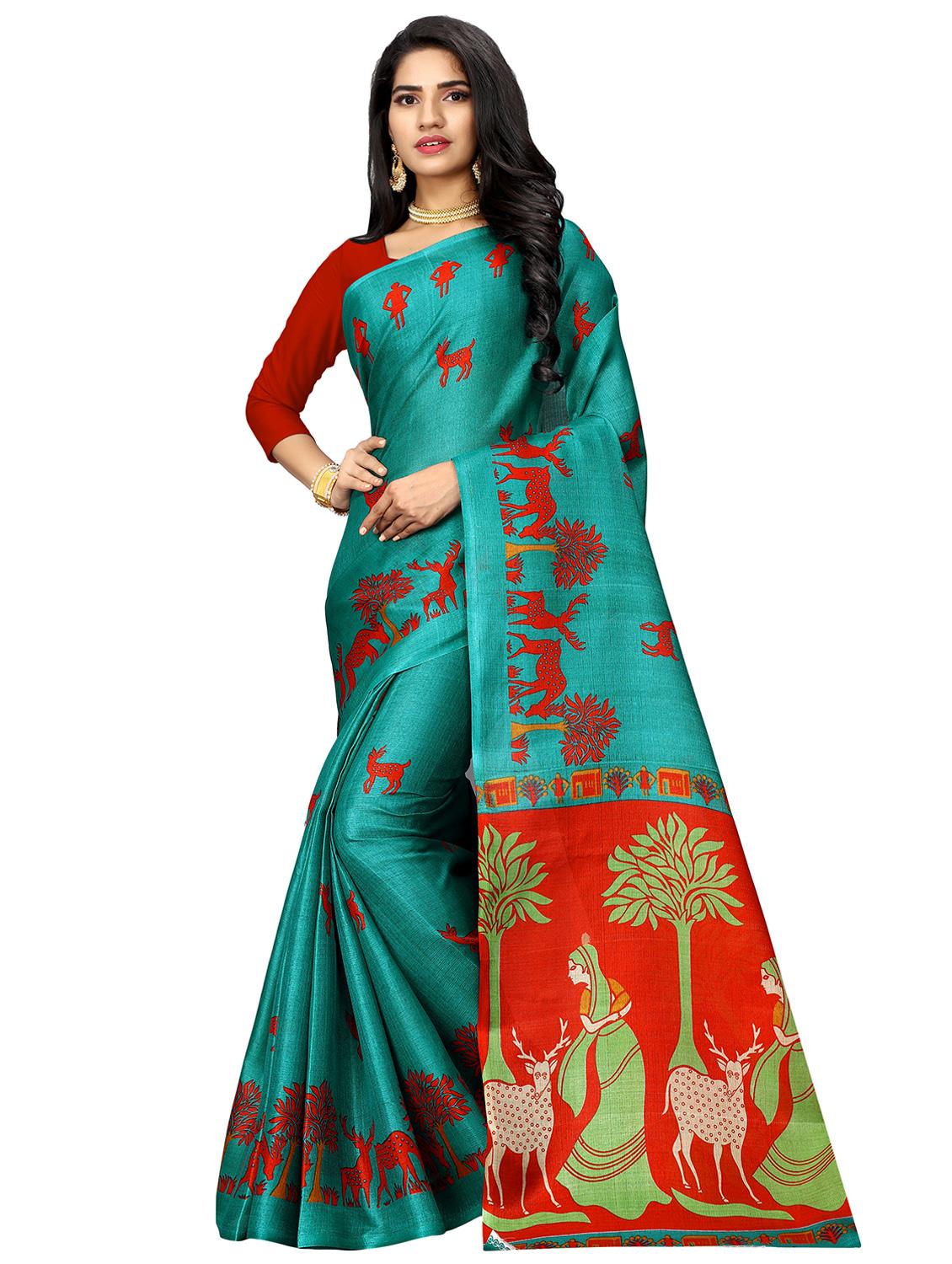 women's self design teal colored saree with blouse - 16994321 - Zoom Image - 0