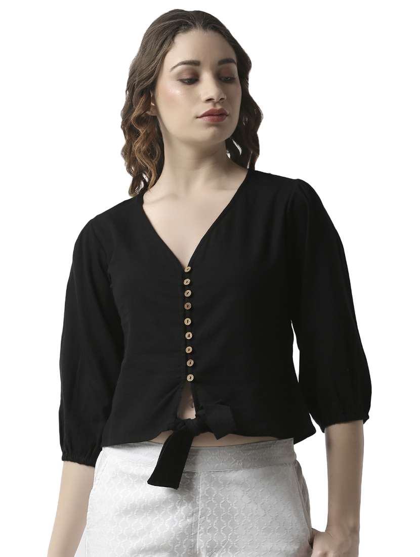 tie front button up crop top  - 16995861 -  Zoom Image - 0