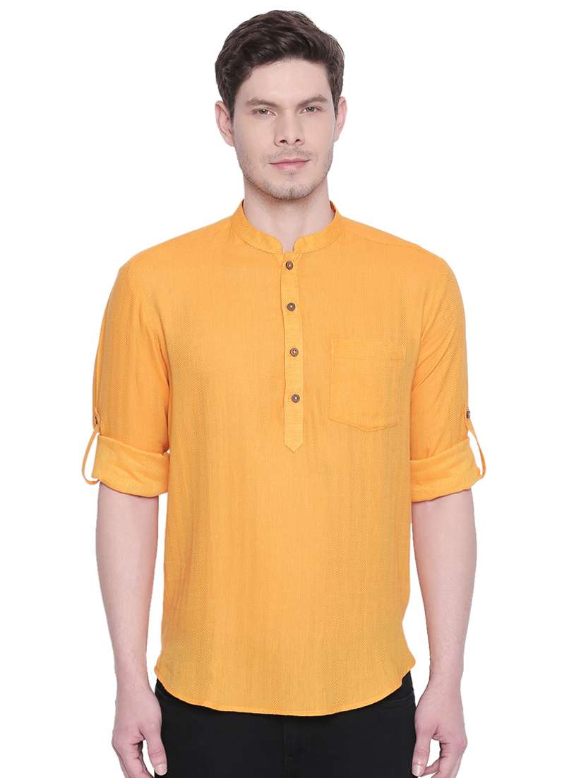 Buy online Orange Self Design Short Kurta from top wear for Men by