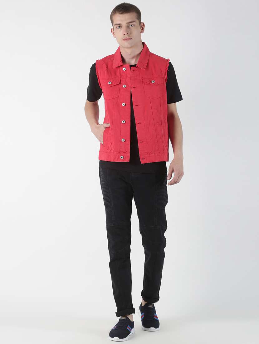 Buy online Red Ripped Denim Jacket from Jackets for Men by Blue