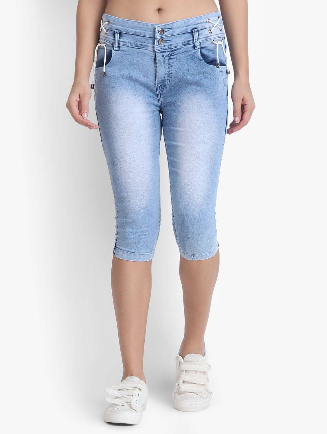lace up washed denim capri