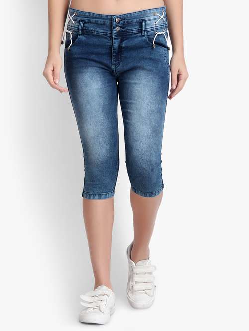 lace up washed denim capri - 17001301 - Standard Image - 0