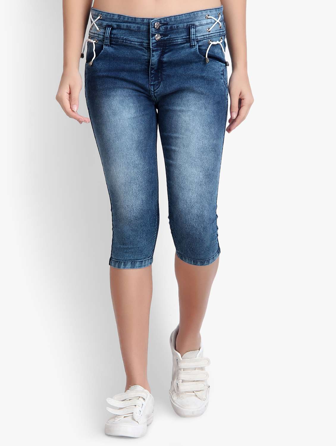lace up detail denim capri - 17001337 - Zoom Image - 0