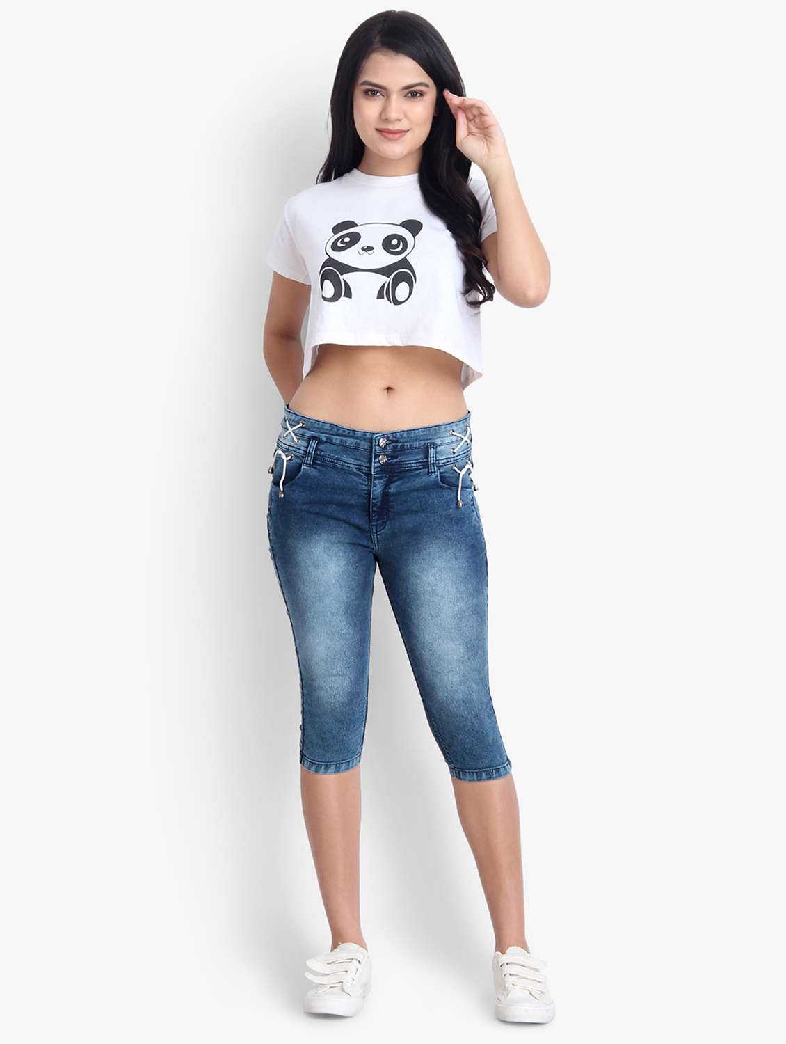 lace up detail denim capri - 17001337 - Standard Image - 3