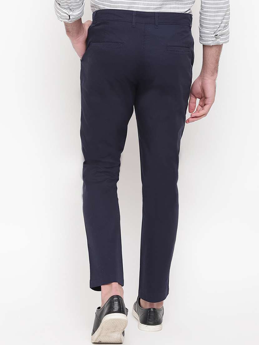 Navy Blue Solid Flat Front Casual Trouser
