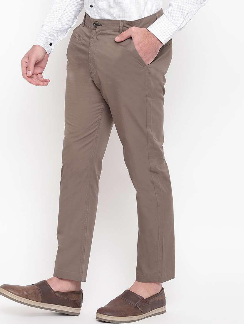 Brown Solid Flat Front Casual Trouser