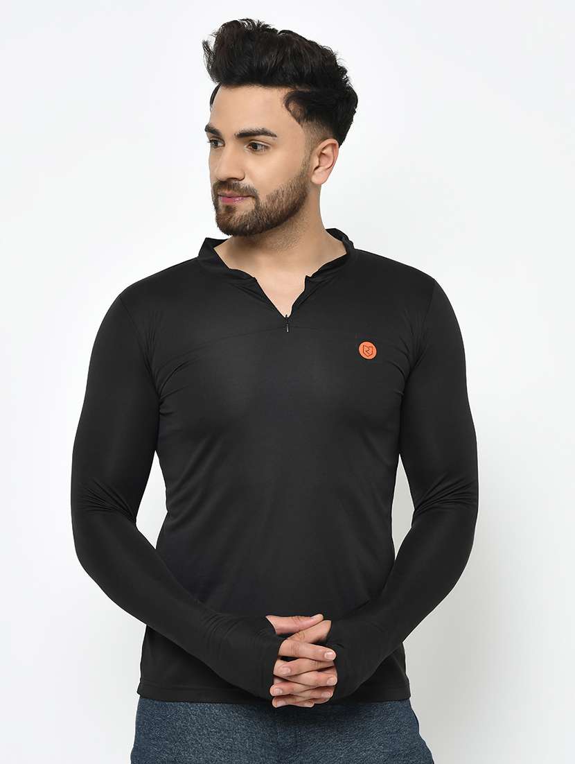 black polyester thumbhole t-shirt - 17024587 -  Zoom Image - 0