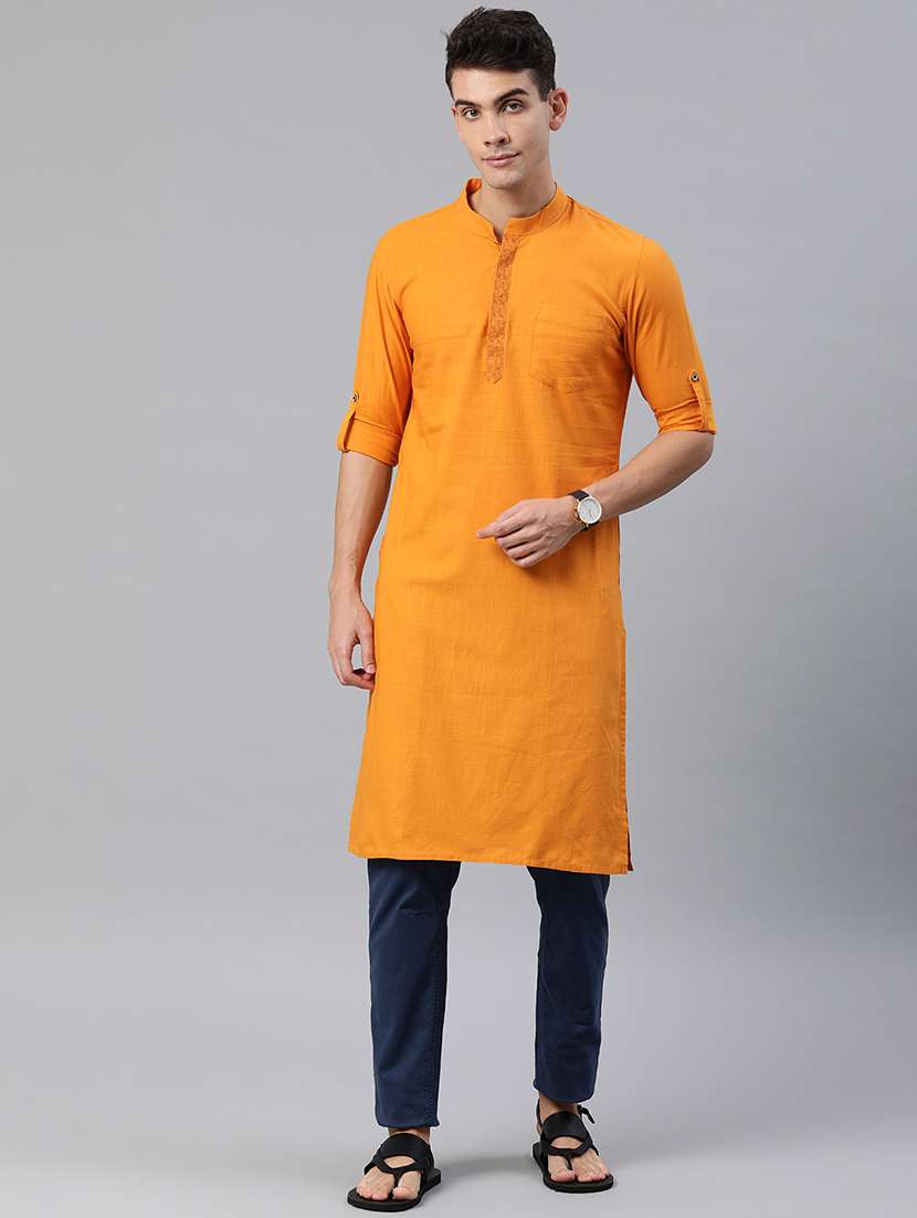 orange solid long kurta - 17027033 -  Zoom Image - 0