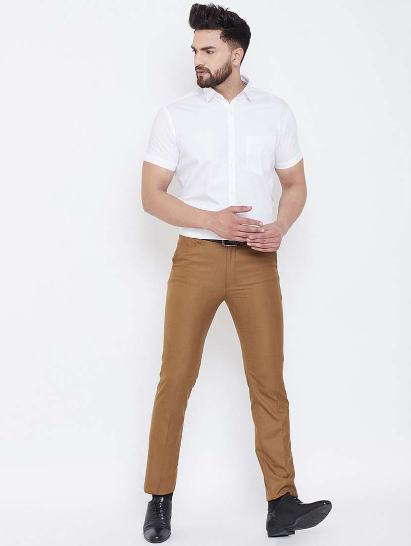 brown solid flat front formal trouser - 17031585 -  Standard Image - 3