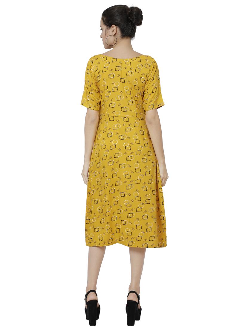 women yellow printed short sleeve a-line dress - 17059279 - Standard Image - 3