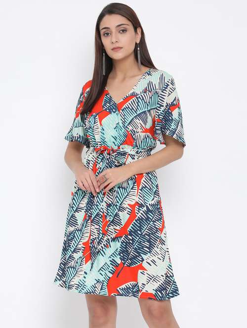 tie front printed a-line dress - 17074085 - Standard Image - 0