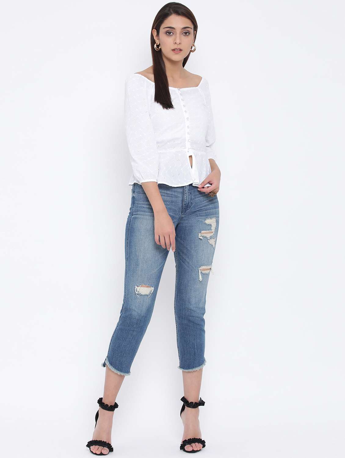 boat neck schiffli peplum top - 17074134 - Standard Image - 3