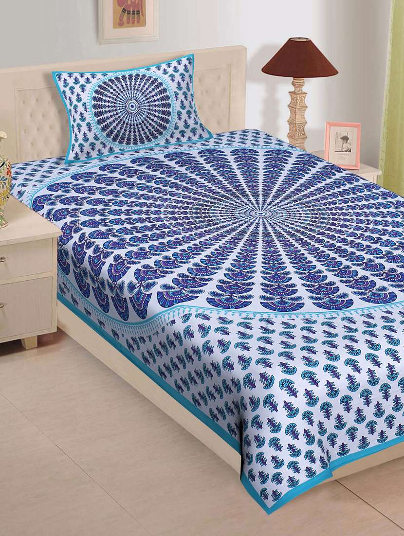   cotton jaipuri print single bedsheet with pillow cover