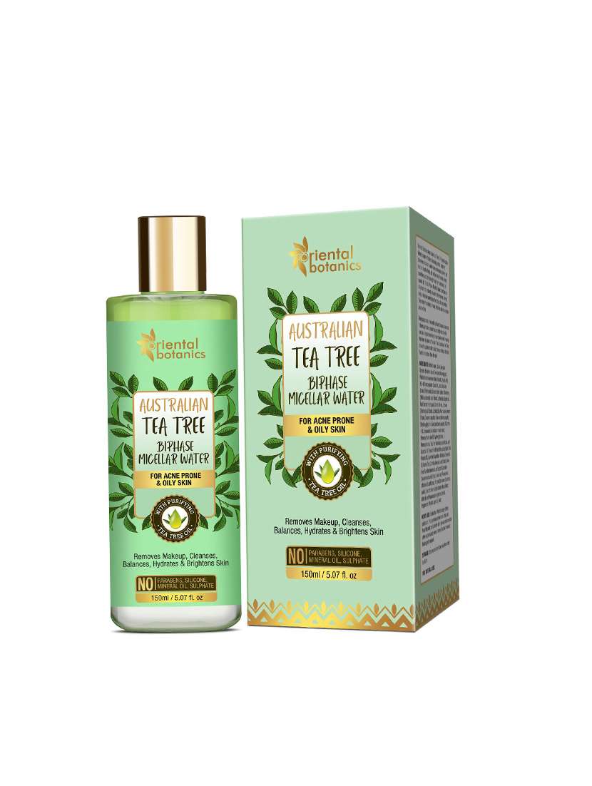 oriental botanics australian tea tree bi-phase micellar water 150ml, removes makeup & cleanses | no sls, alcohol