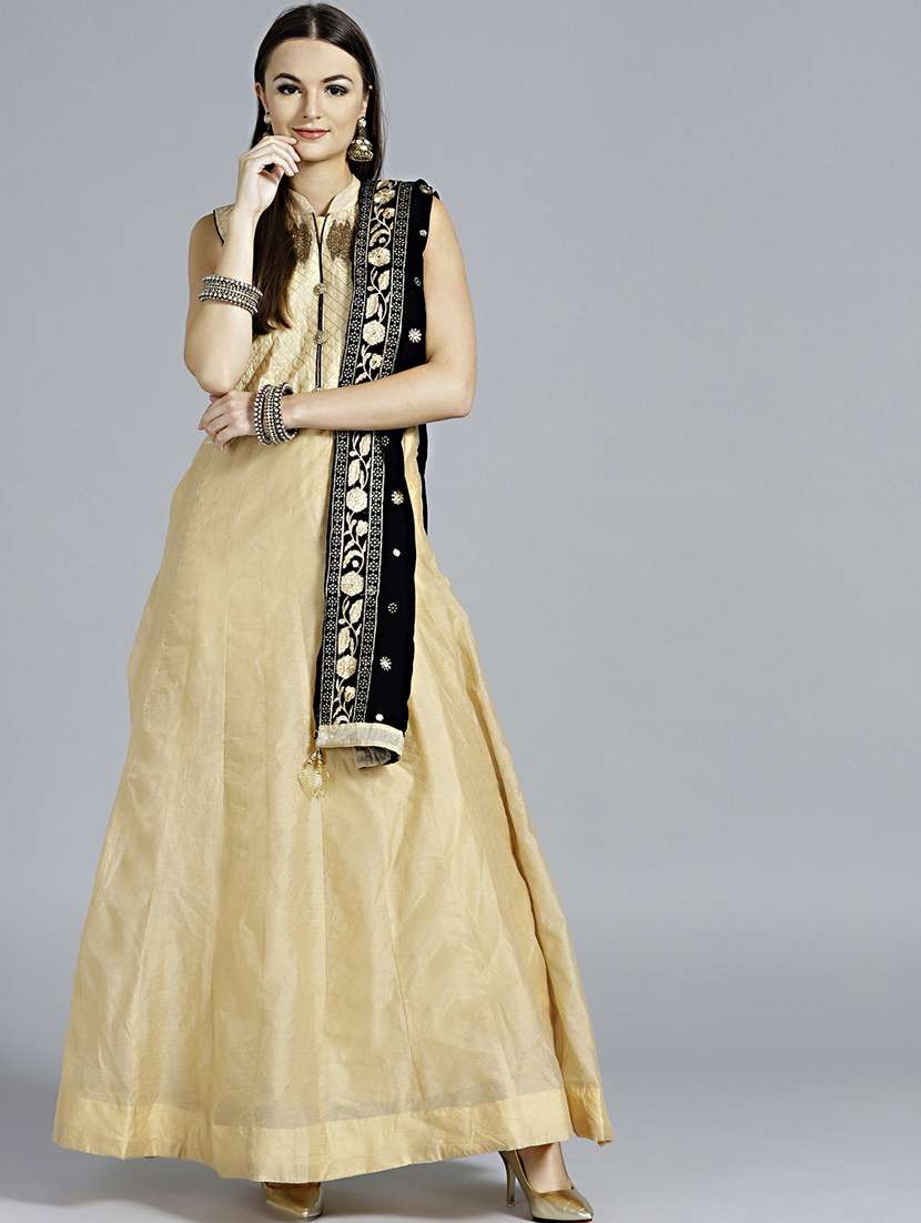 women beige embroidered sleeveless kurta dupatta set